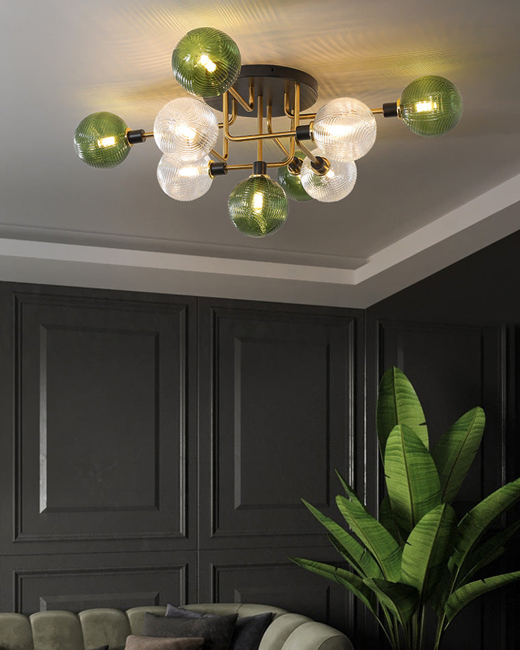 WOMO Ribbed Ceiling Light Made of Smoked Glass/Green, Sphere-Shaped-WM1110