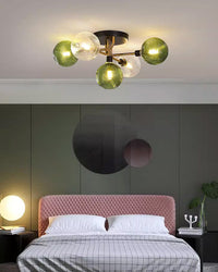 WOMO Ribbed Ceiling Light Made of Smoked Glass/Green, Sphere-Shaped-WM1110