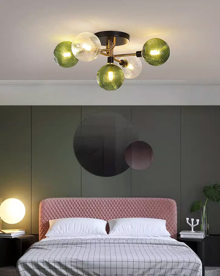 WOMO Ribbed Ceiling Light Made of Smoked Glass/Green, Sphere-Shaped-WM1110