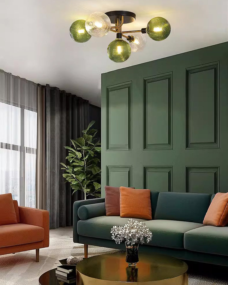 WOMO Ribbed Ceiling Light Made of Smoked Glass/Green, Sphere-Shaped-WM1110