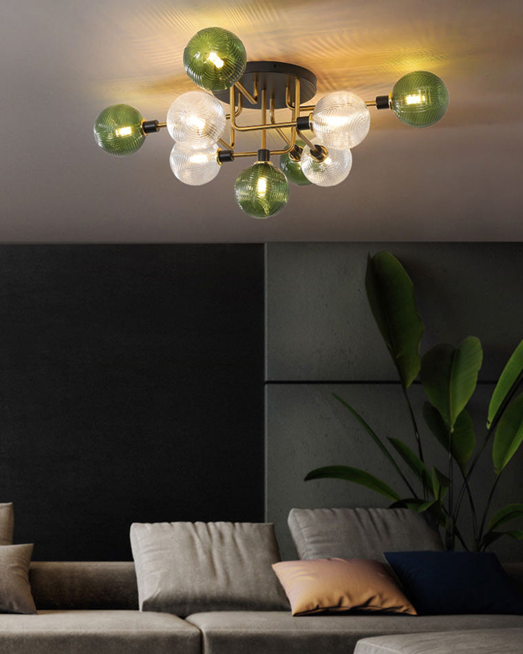 WOMO Ribbed Ceiling Light Made of Smoked Glass/Green, Sphere-Shaped-WM1110