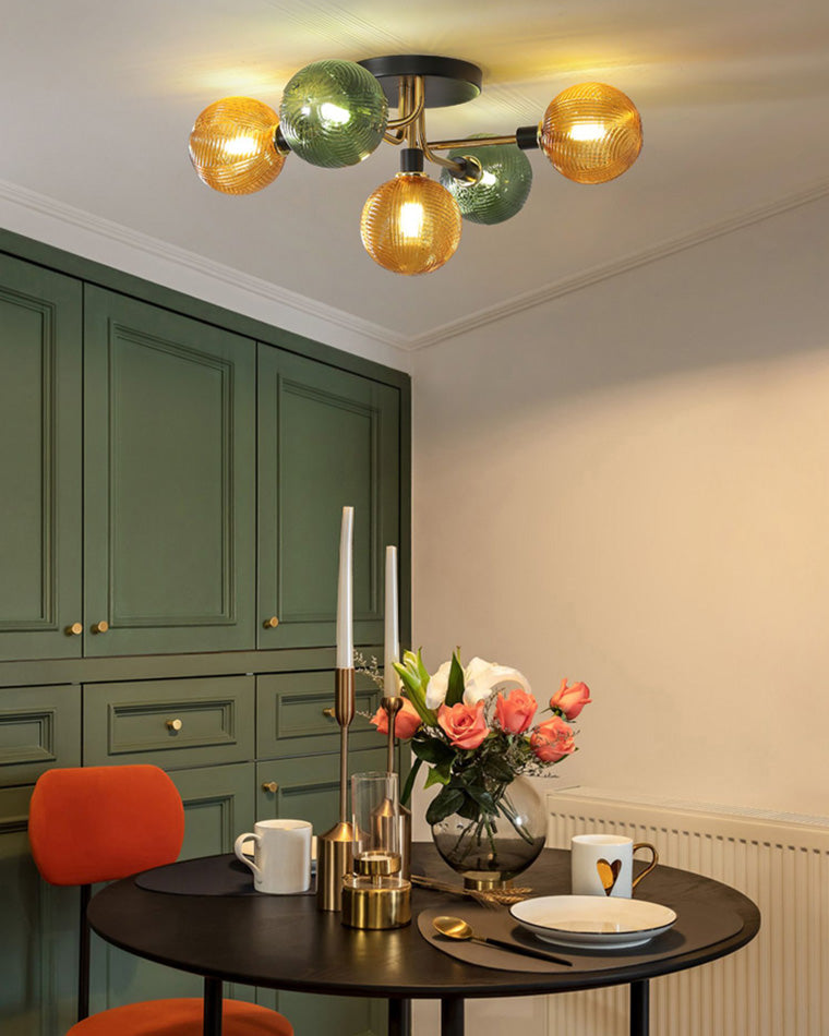 WOMO Ribbed Ceiling Light Made of Smoked Glass/Green, Sphere-Shaped-WM1110
