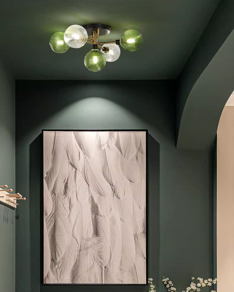 WOMO Ribbed Ceiling Light Made of Smoked Glass/Green, Sphere-Shaped-WM1110
