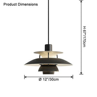 Black layered pendant light dimension diagram showing a compact 12-inch shade and hanging height.