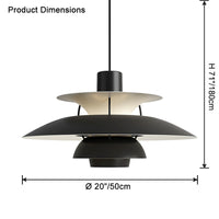 Black layered pendant light dimension diagram showing a large 20-inch shade and hanging height.