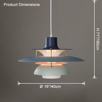 Blue layered pendant light dimension diagram showing a 16-inch shade and hanging height.