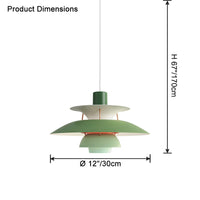 Green layered pendant light dimension diagram showing a compact 12-inch shade and hanging height.
