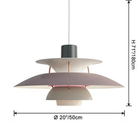 Gray and white layered pendant light dimension diagram showing a large 20-inch shade and hanging height.