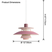 Pink layered pendant light dimension diagram showing a compact 12-inch shade and hanging height.