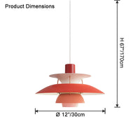 Red layered pendant light dimension diagram showing a compact 12-inch shade and hanging height.