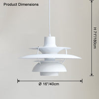 White layered pendant light dimension diagram showing a wider 16-inch shade and hanging height.