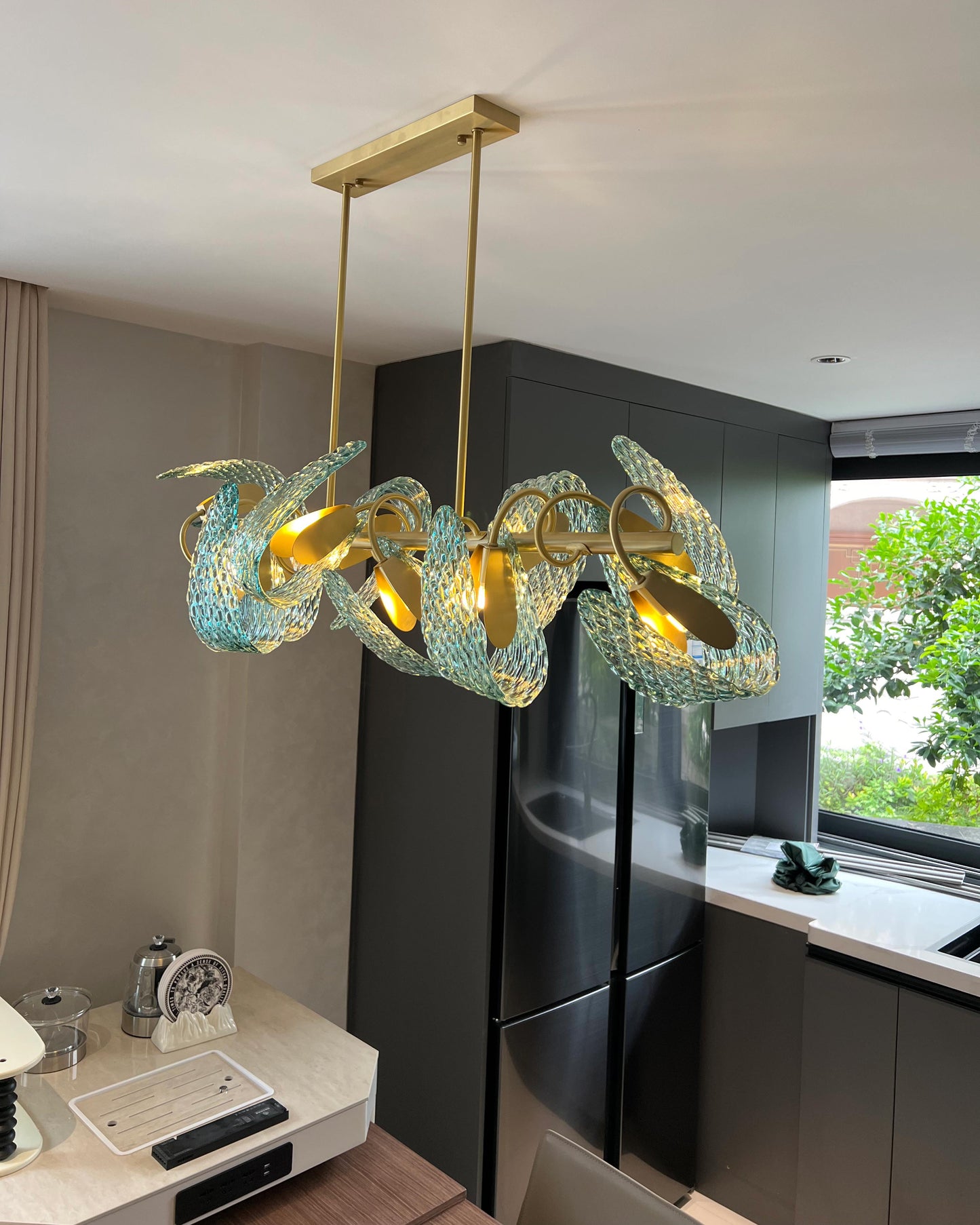 WOMO Peacock Blue Art Glass Linear Chandelier-WM2213c