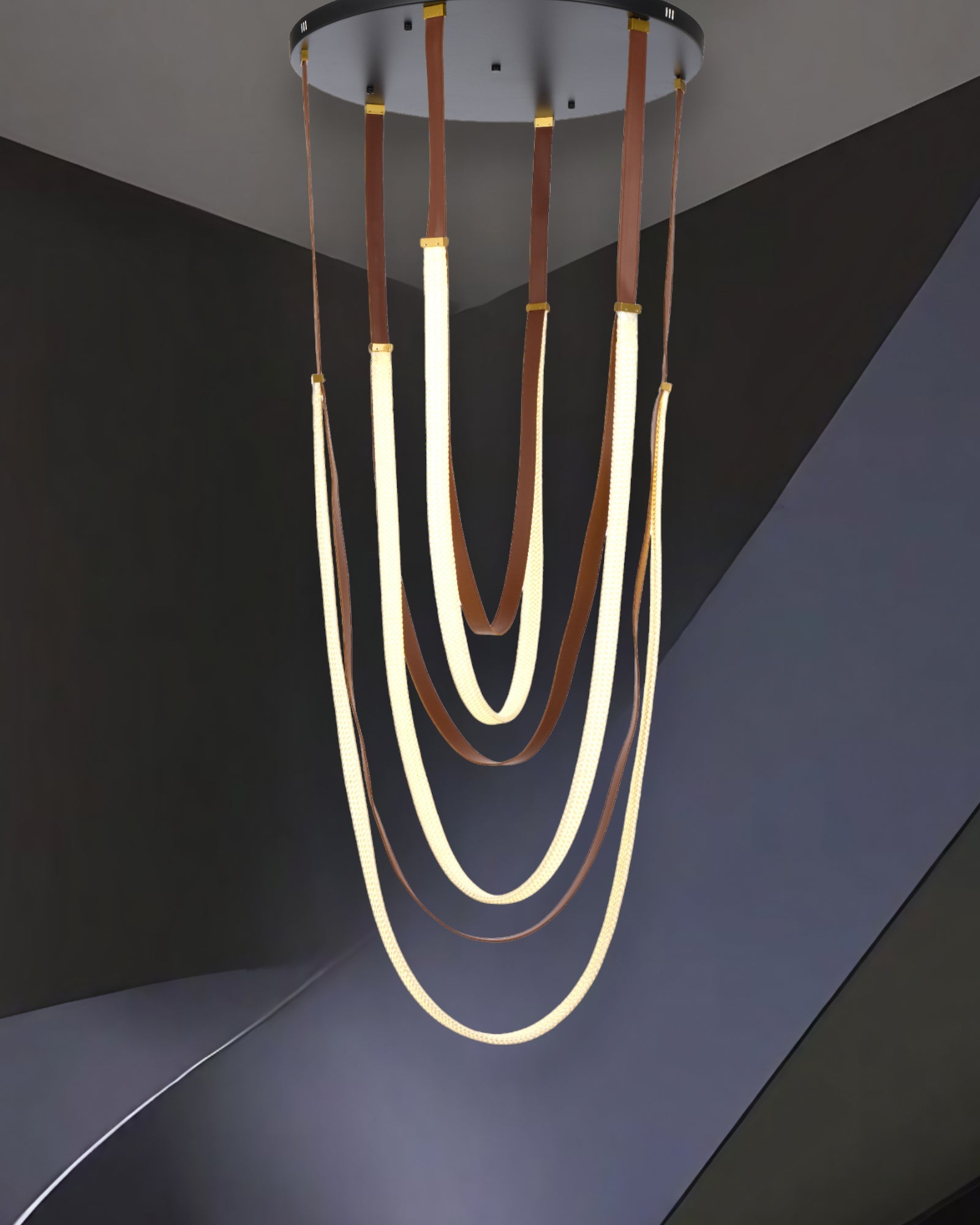 WOMO LED Chandelier Brown Leather for High Ceilings-WM2908
