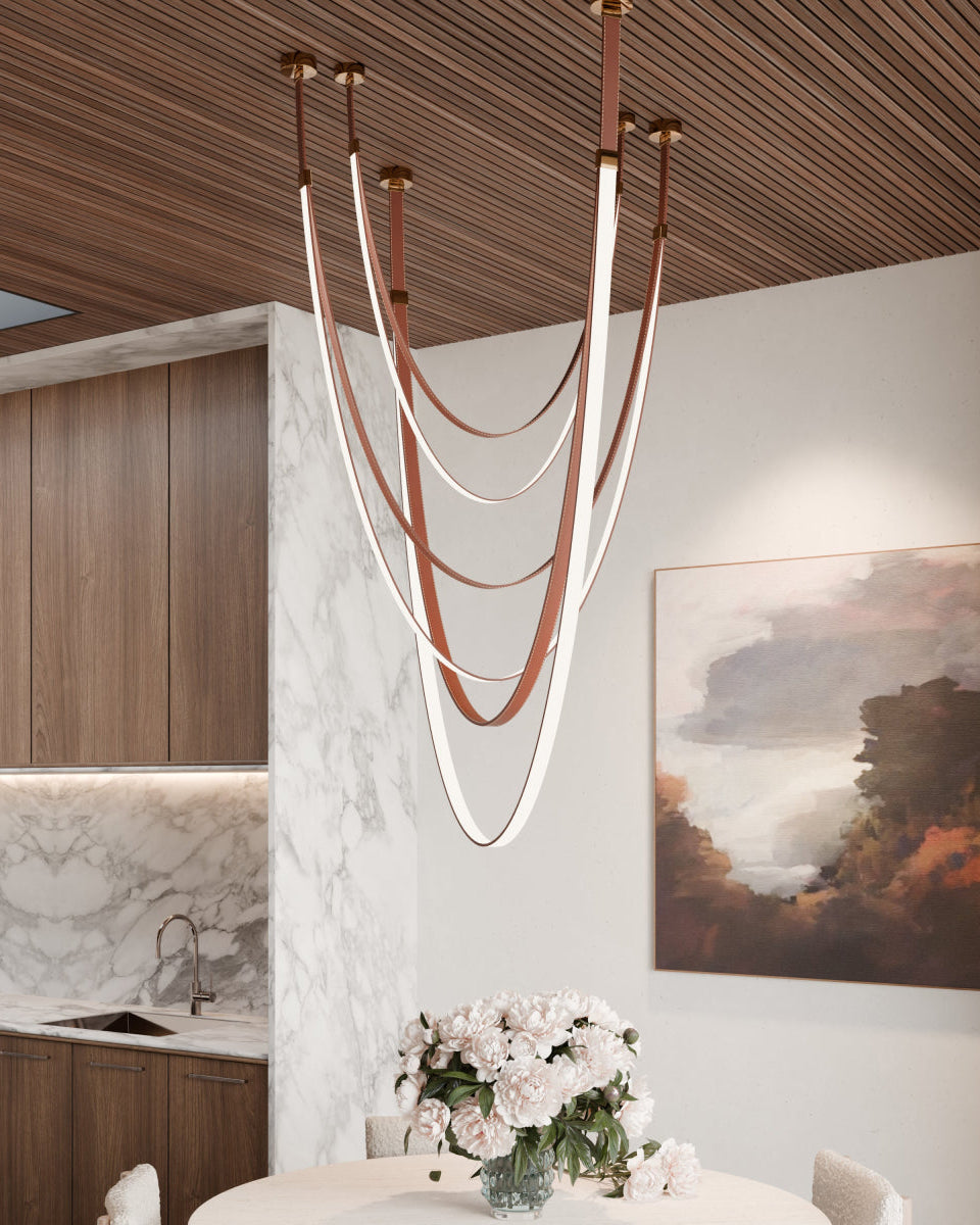 WOMO LED Chandelier Brown Leather for High Ceilings-WM2908