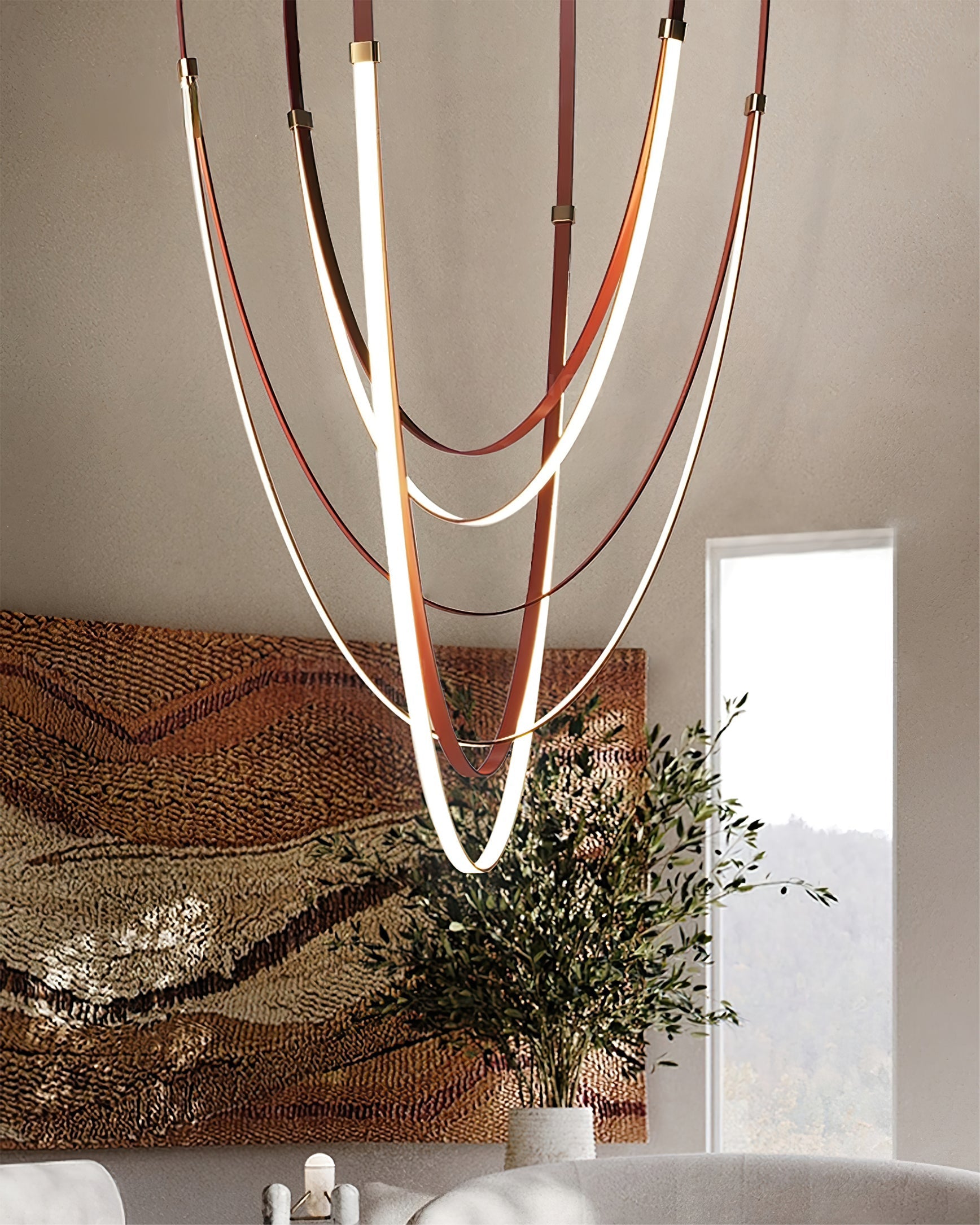WOMO LED Chandelier Brown Leather for High Ceilings-WM2908