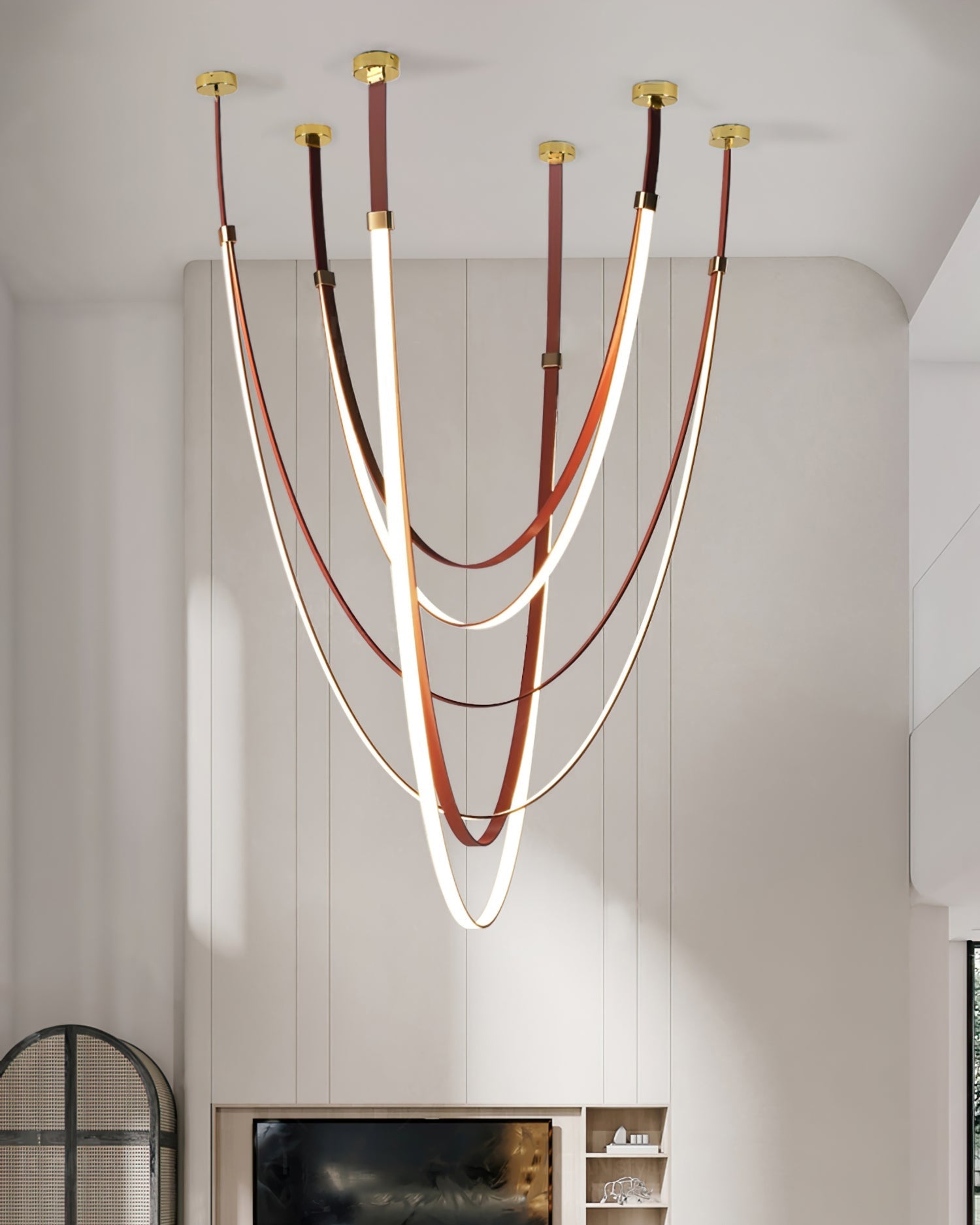 WOMO LED Chandelier Brown Leather for High Ceilings-WM2908
