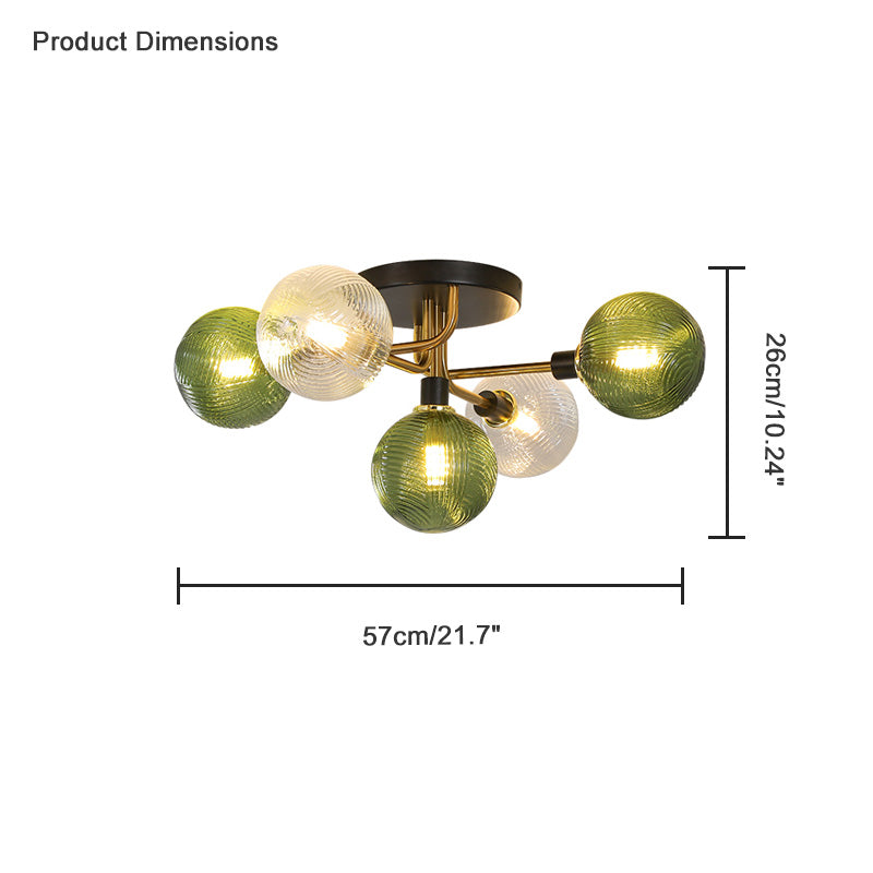 WOMO Ribbed Ceiling Light Made of Smoked Glass/Green, Sphere-Shaped-WM1110